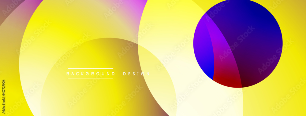 Poster Abstract design features overlapping circles, vibrant gradients. Yellow dominates, transitioning to purple, blue. Modern aesthetic, suitable for digital backgrounds.