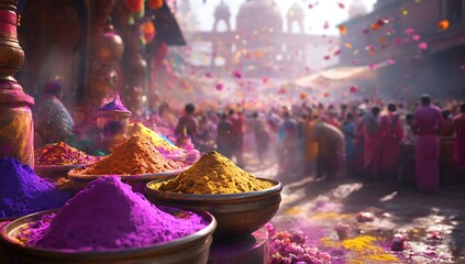 Fototapeta premium A festive scene of a Holi celebration, with colorful powder in bowls and people celebrating