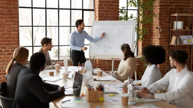 Corporate Workshop Led by Young Businessman Explaining Strategy Generative AI