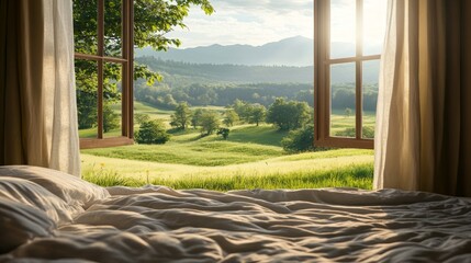 Fototapeta premium a bed by the window with green hills and meadow landscape