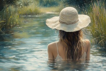 Woman in Sun Hat Wading in Pool Relaxing in Tropical Resort