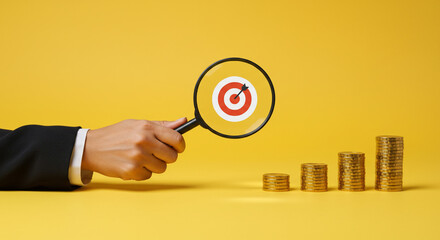 Achieving financial goals A hand with a magnifying glass focuses on a target symbolizing financial