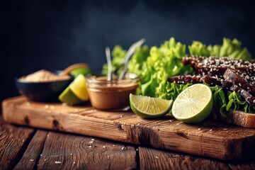 Tender beef dish served with fresh lime, lettuce, and sesame on a rustic wooden table