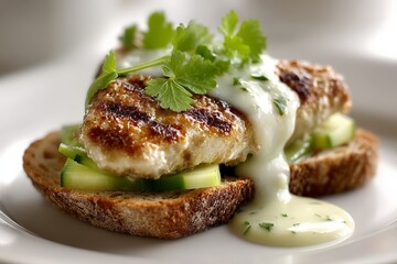 Delicious grilled fish served on toast with fresh cucumber and creamy sauce garnished with herbs