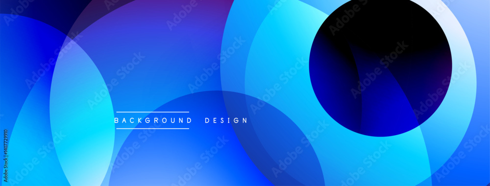 Poster Abstract background features overlapping circles, vibrant blue hues transitioning to purple. Dark circle contrasts with bright gradients creating modern visual effect. Smooth shapes suggest depth.