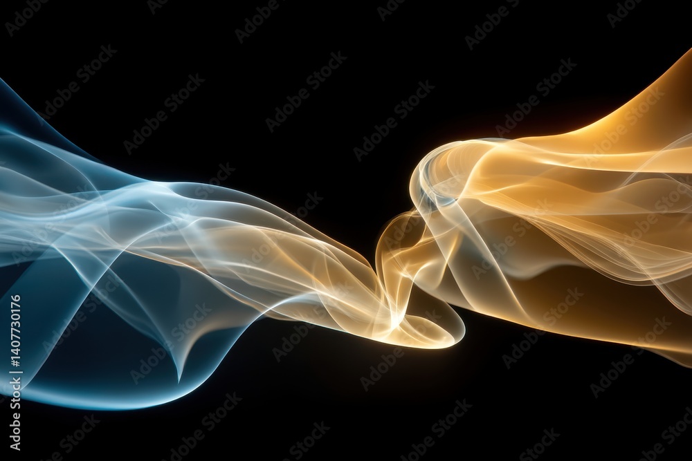 Poster abstract golden and blue smoke streams flowing dynamically on a black background, creating a mesmeri