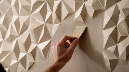 Tiler aligning ceramic tiles on bathroom wall. Featuring precision and craftsmanship