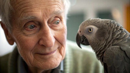senior man enjoys moment with his pet parrot, showcasing bond filled with warmth and companionship