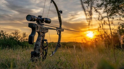 Naklejka premium Archery equipment silhouetted perfectly against a grassy range at sundown