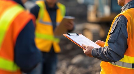 Site supervisor checking compliance at an active construction zone. Featuring vigilance and responsibility