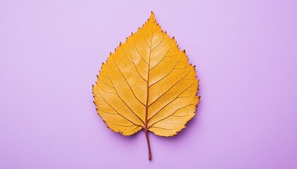 A detailed golden linden leaf with natural imperfections, centered on a solid pastel lavender background