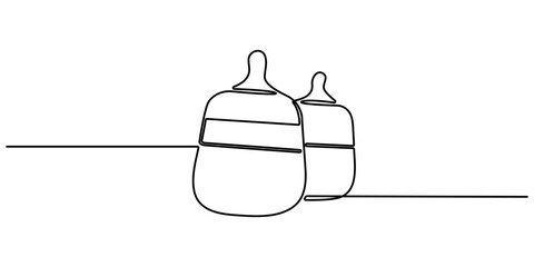 Continuous one line drawing of baby feeding bottle. Baby milk bottle icon in one line. Baby drink bottle with love outline vector illustration. Editable stroke.