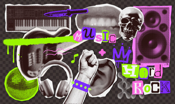 Hard rock set of torn out paper halftone collage elements on the theme of metal singing, grunge music. Isolated headphones, skull, hand fist gesture, mouth with bitten lip. Retro vector illustration