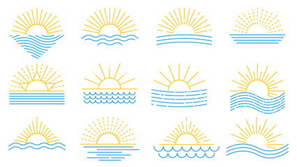 Sun and sea set of color line icons. Different variants of sun and water, summer clip art. Yellow blue icons, vector elements