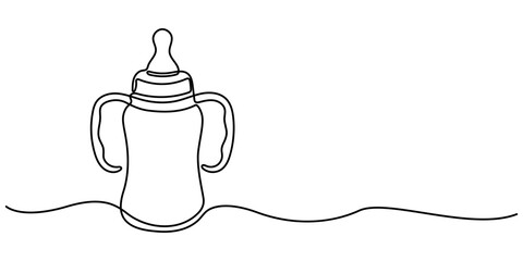 Continuous one line drawing of baby feeding bottle. Baby milk bottle icon in one line. Baby drink bottle with love outline vector illustration. Editable stroke.