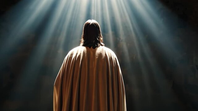 Sacred Reverence: A silhouette of a figure stands bathed in divine light, offering a view that inspires feelings of faith, hope, and spiritual contemplation.
