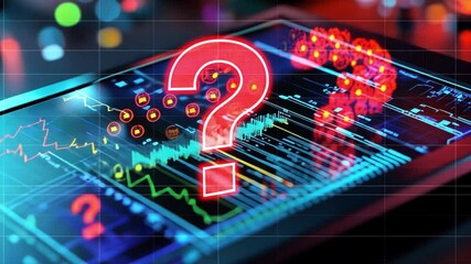 Stock Market Enigma: A vivid close-up reveals a digital tablet displaying intricate stock market data, overlaid with a striking, glowing question mark. - Powered by Adobe