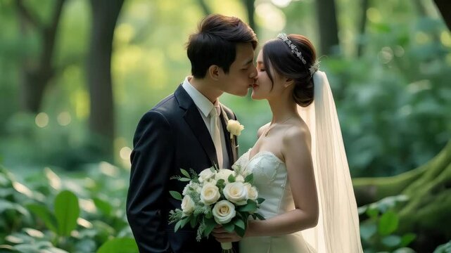 Rainforest wedding kiss lips backdrop.