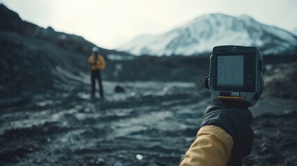Surveyor using a laser distance meter to measure land. Featuring accuracy and professionalism