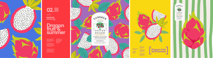 Dragon fruit. Summer fruits. Vector modern stylish illustration of dragon fruit, tree, pattern for plant background, textile, invitation, greeting card, packaging, label, brand, badge, italian poster