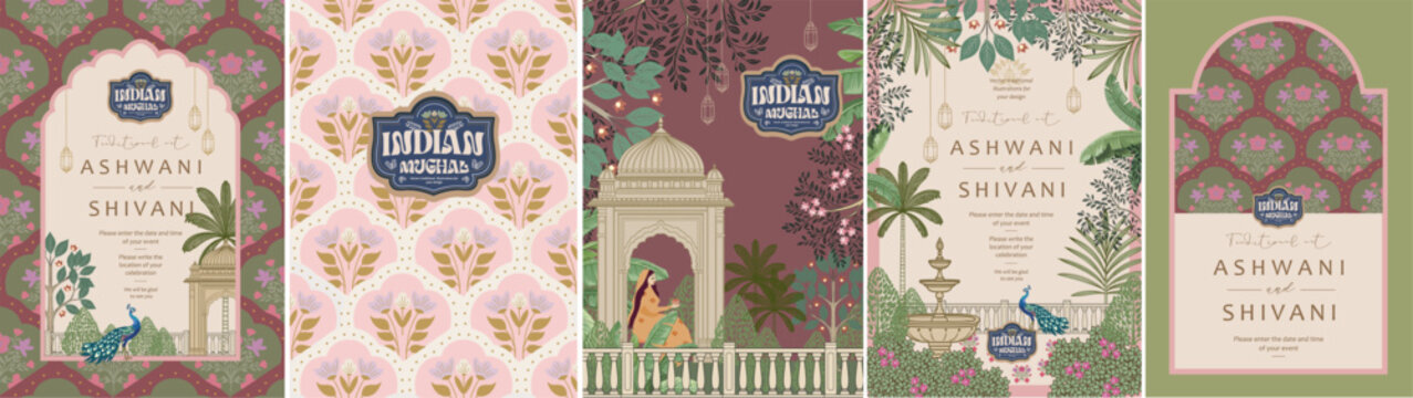 Mughal Pichwai Garden.Vector illustration of temple, pillar arch, tropical plant, peacock, fountain, flower frame, pattern for greeting card, flyer, poster or background. Indian Wedding Invitation.