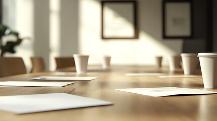 Conference Room Setup with Papers and Coffee Cups on Table