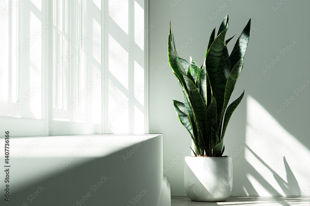 Poster green snake plant in white pot, sunlight through window casts shadows on white wall, creating minima