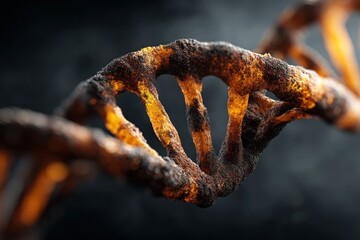 Intricate spiral structure of DNA showcasing detailed textures and colors under dramatic lighting in a scientific exploration