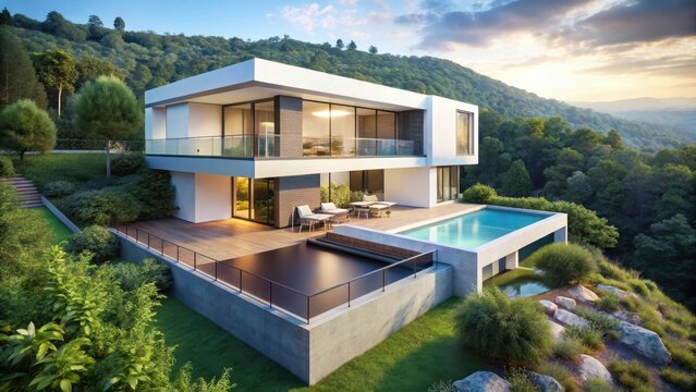 Modern minimalist cube-shaped villa perched on a hilltop surrounded by lush greenery and serene landscape with a sparkling pool and expansive balcony, balconies, villas - Powered by Adobe