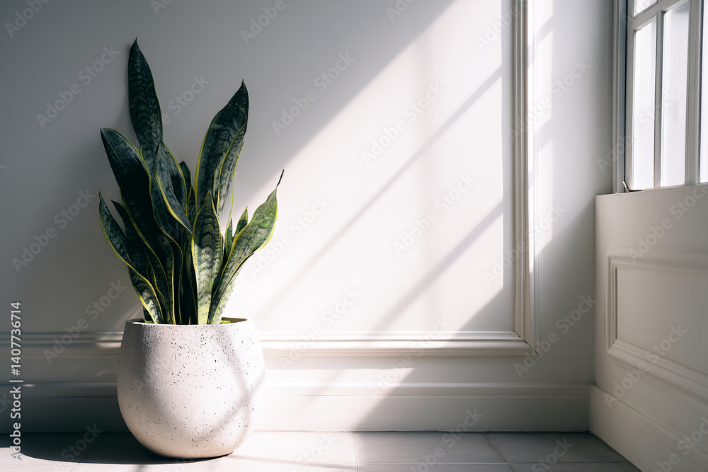 Poster snake plant in a white pot, situated in a sunlit corner near a window, showcasing minimalist interio