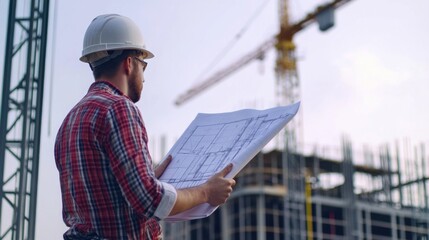 Structural engineer reviewing steel framework alignment at a construction site. Featuring precision and safety