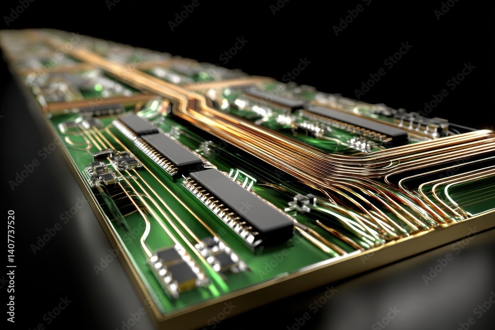 Poster a detailed macro shot of a complex electronic circuit board with components, golden traces, and a gr