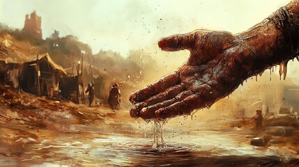 Naklejka premium Hand Pouring Water in Arid Landscape Offering Relief Illustration