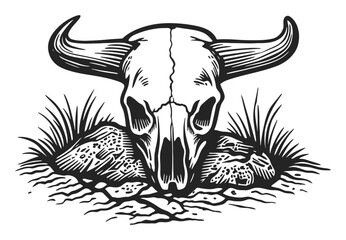 Obraz premium Detailed Woodcut Illustration of a Buffalo Skull with Grass and Rocks