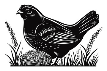 Naklejka premium Detailed Black and White Woodcut Illustration of a Bird with Seeds