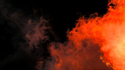 Swirling red and orange smoke cloud creating a dramatic and intense visual effect on a black background
