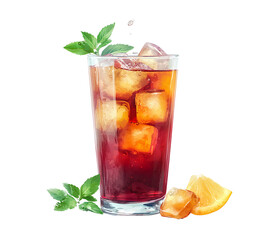 Iced tea in a tall glass with ice cubes, isolated on a transparent background.