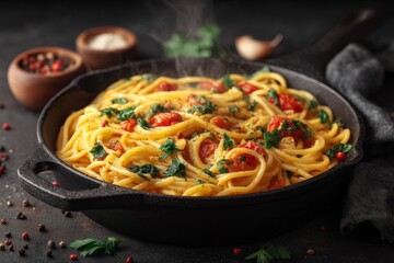 Delicious spaghetti with fresh tomatoes and herbs served in a skillet