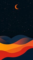 Crescent moon shining over colorful rolling hills at night