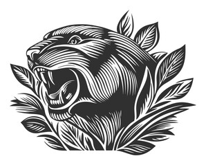 Obraz premium Detailed Black and White Woodcut Illustration of a Roaring Lion