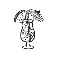 Watermelon summer glass alcohol cocktail with tube in black brush stroke texture isolated on white. Hand drawn vector sketch illustration in vintage charcoal ink. Summer clothes print, menu design