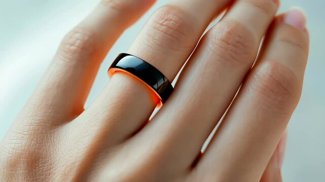 Woman Step Smart Ring, Tracker, showing Counter, Heart Rate, Blood Oxygen finger Health Ring. Close-up seamless display showing pulse on Tracker, video 4k