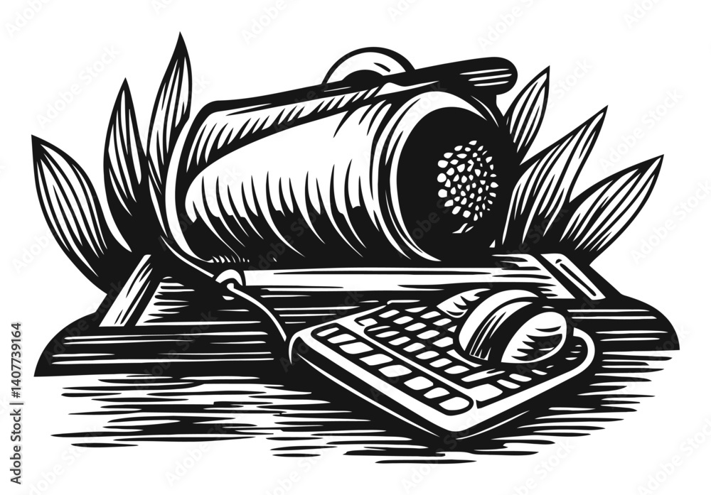 Fototapete artistic woodcut design featuring computer keyboard and mouse