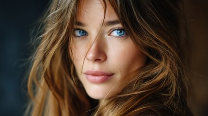 Fototapeta premium Portrait of a woman with bright blue eyes and long, wavy brown hair. Close-up shot