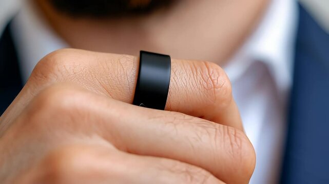 man pulse Smart Ring, Tracker, Heart Counter, Step Rate, Blood Oxygen Tracker, Health Ring. Close-up seamless display showing showing on finger video 4k