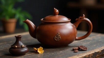 Earthenware Teapot and Small Vessel on Rustic Wooden Surface with Dried Flower