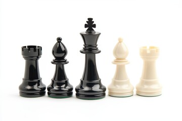 Black chess king standing in front of white pawns on white background representing strategy and competition