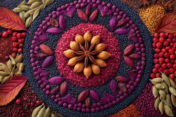 A vibrant and colorful mandala-like arrangement of spices, seeds, leaves, and nuts, creating an intricate and eye-catching abstract design with rich textures.