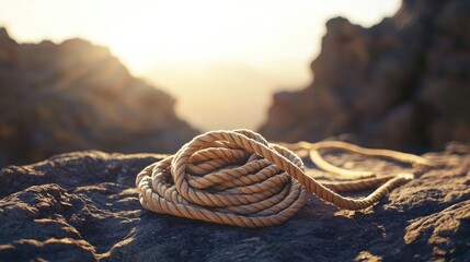The silhouette of a rock-climbing rope coiled perfectly on rocky terrain