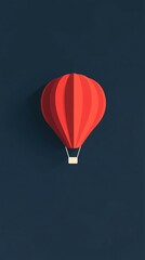 Fototapeta premium Red hot air balloon flying in dark blue sky minimalist illustration